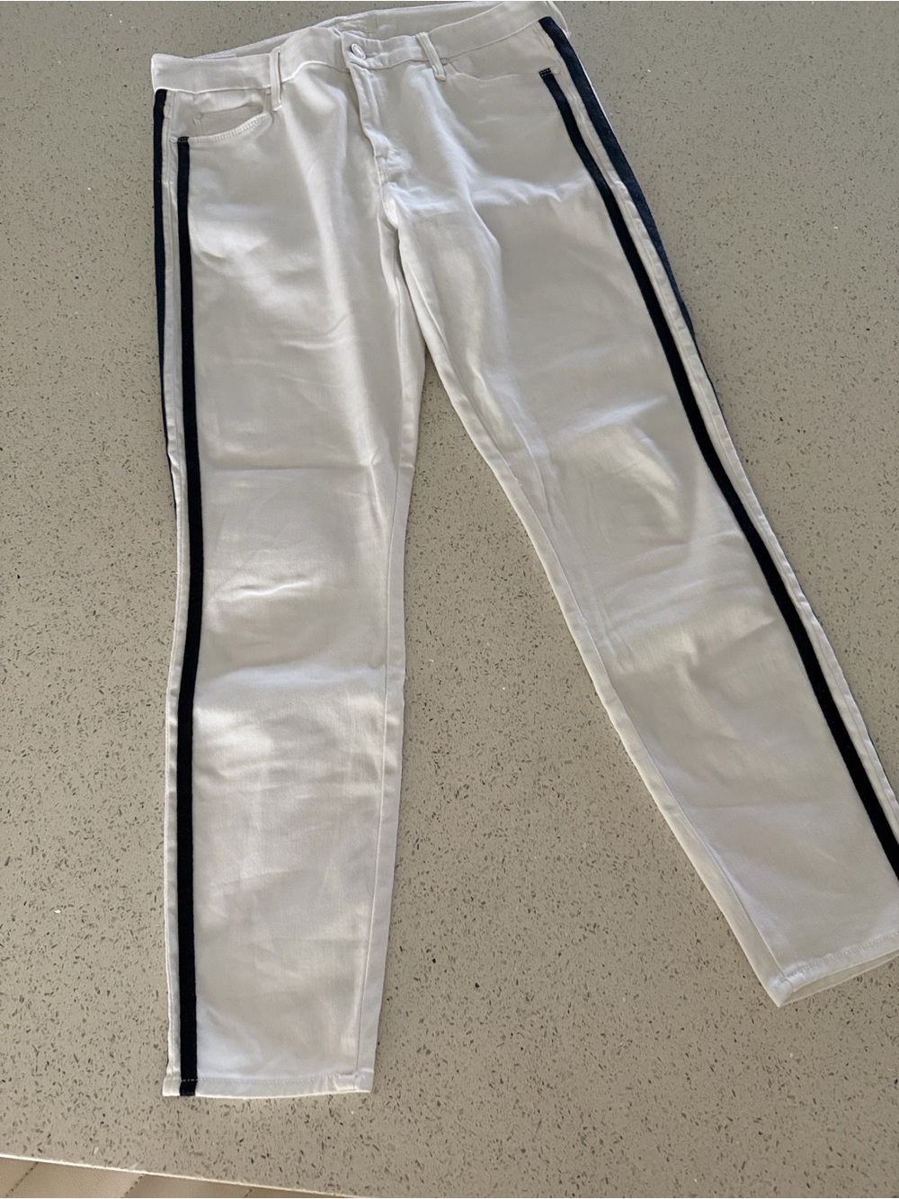 MOTHER The Looker Ankle Glass Slipper Racer White Jeans with Navy Side Stripes